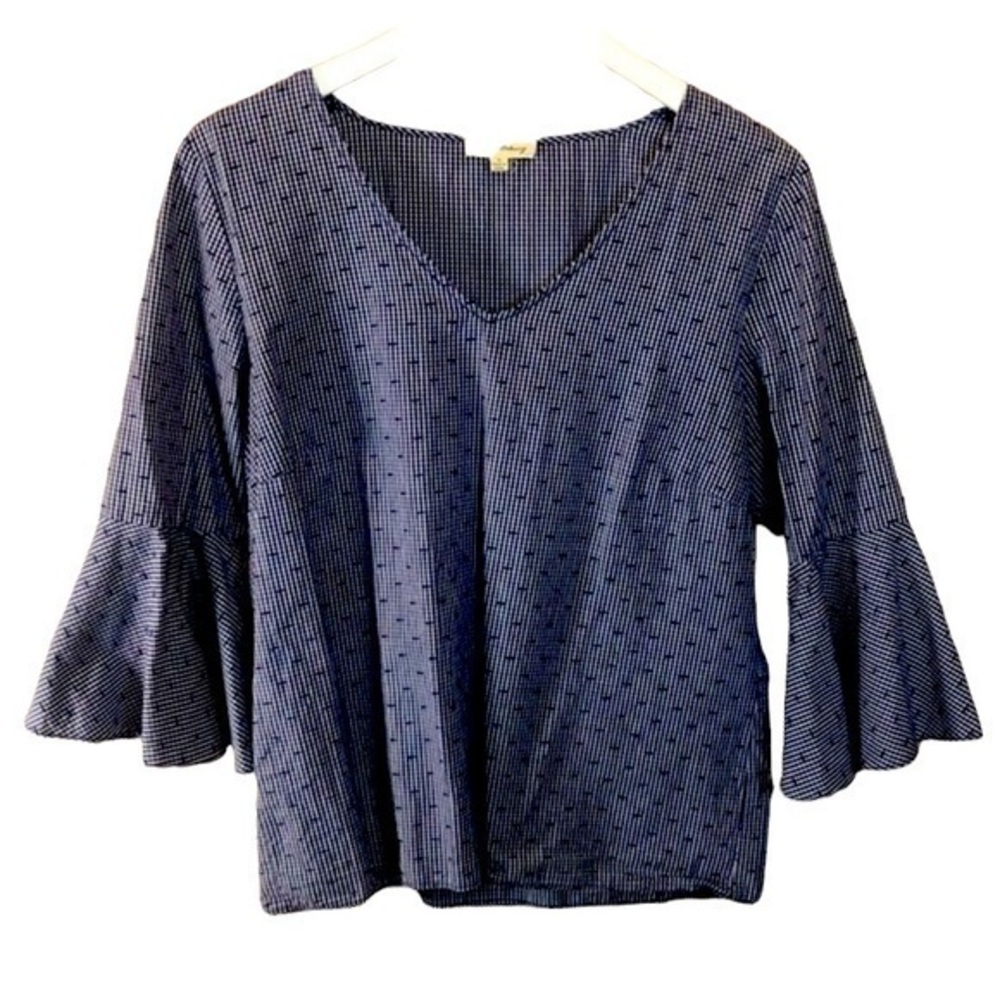 Jane & Delancey Denim Blue V Neck Gingham Textured Bell Sleeve Top Size Medium